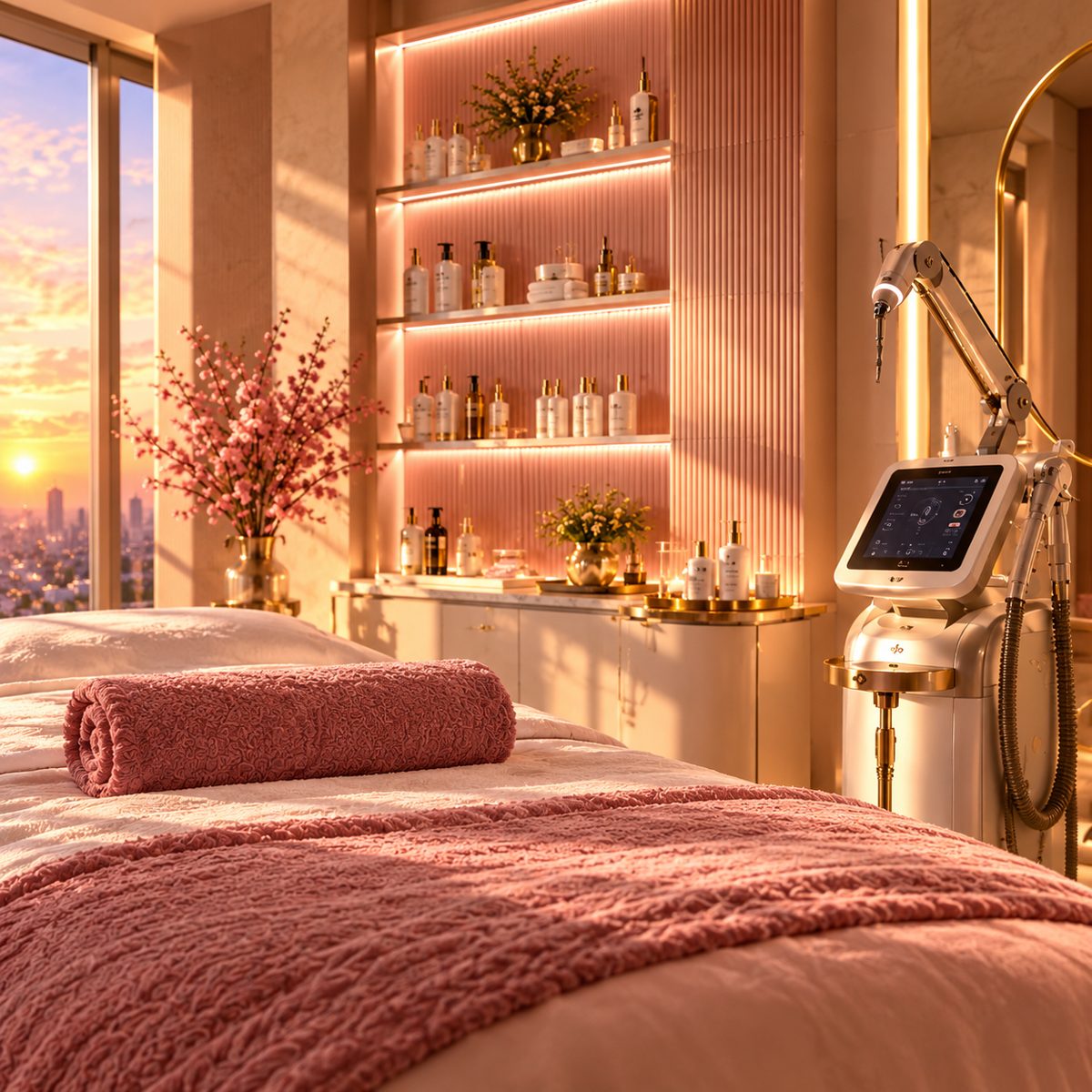 Faye’sthetic treatment room with a skincare bed, product shelves and golden-hour light
