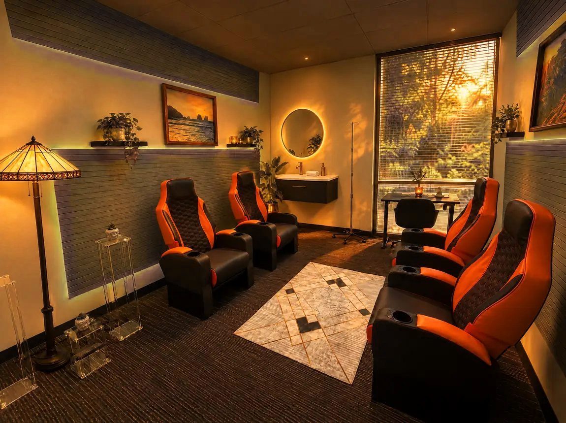 The TheraPurity IV lounge at golden hour: leather recliners, floor lamp and a garden window